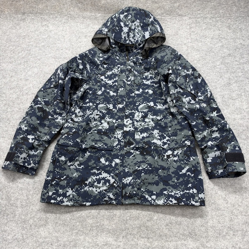 Valley Apparel Parka Mens Medium Blue Camo Gore Tex US Navy Hooded Waterproof